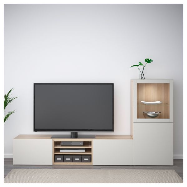 Шкаф для ТВ, комбинированный, стекляные дверцы БЕСТО, под беленый дуб, Лаппвикен светло-серый прозрачное стекло (240x40x128 см) - фото 2