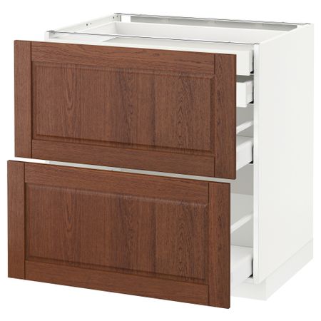 Напольный шкаф 2 фронтальные панели, 2 нижних, 1 средний, 1 высокий ящик МЕТОД / МАКСИМЕРА, белый, Филипстад коричневый