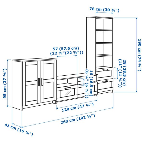 Шкаф для ТВ, комбинация БРИМНЭС, черный (260x41x190 см) - схема-чертеж с размерами