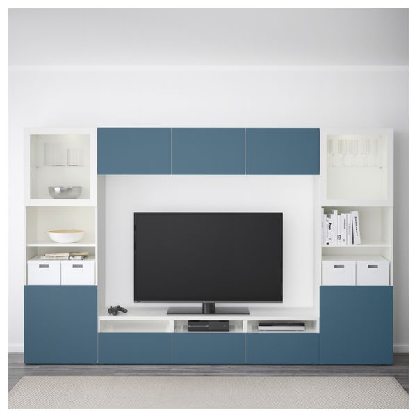 Шкаф для ТВ, комбинированный, стекляные дверцы БЕСТО, белый Вальвикен, темно-синий прозрачное стекло (300x40x192 см) - фото 2