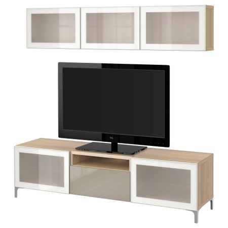 Шкаф для ТВ, комбинированный, стекляные дверцы БЕСТО, под беленый дуб, Сельсвикен глянцевый/бежевый матовое стекло