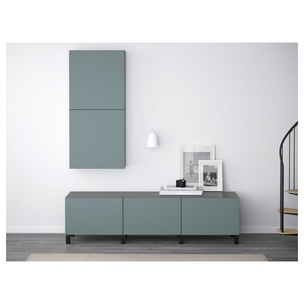 Навесной шкаф с 2 дверями БЕСТО, черно-коричневый, Вальвикен серо-бирюзовый (60x20x128 см) - фото 2