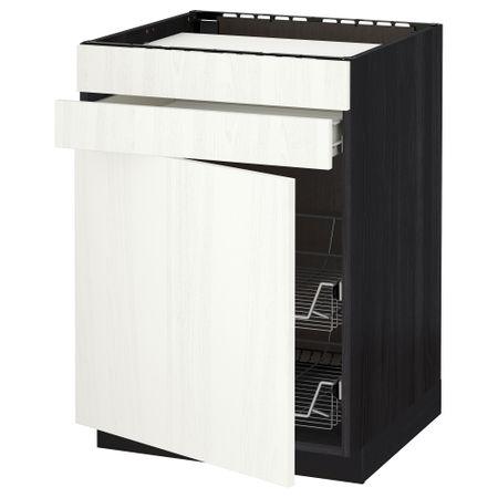 Напольный шкаф для варочной панели, ящик, 2 проволочных корзины МЕТОД / ФОРВАРА, черный, Росдаль белый (60x60 см)