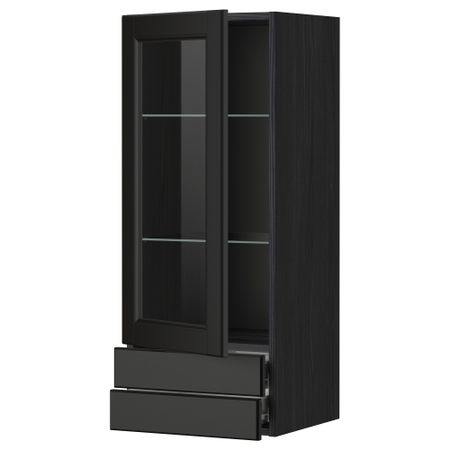 Навесной шкаф, стеклянная дверца, 2 ящика МЕТОД / ФОРВАРА, черный, Лаксарби черно-коричневый