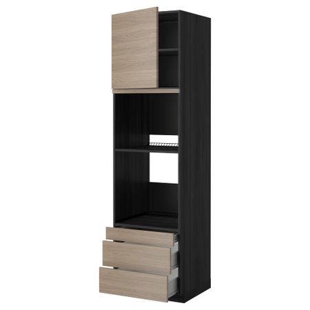 Высокий шкаф для духовки комбинированный, духовка + дверца, 3 ящика МЕТОД / ФОРВАРА, черный, Брокхульт светло-серый