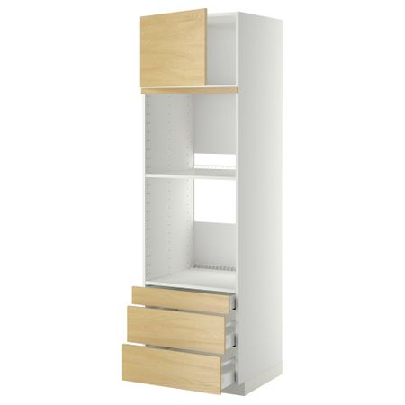 Высокий шкаф для духовки комбинированный, духовка + дверца, 3 ящика МЕТОД / МАКСИМЕРА, белый, Тингсрид береза