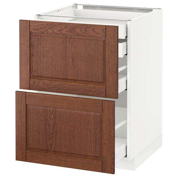 Напольный шкаф 2 фронтальные панели, 2 нижних, 1 средний, 1 высокий ящик МЕТОД / МАКСИМЕРА, белый, Филипстад коричневый - схема-чертеж с размерами