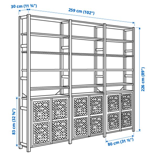 3 секции, шкаф, полки, 259x30x226 см, сосна, зеленый сетка IKEA IVAR ИВАР 894.038.28 - схема-чертеж с размерами