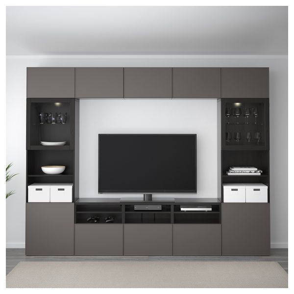 Шкаф для ТВ, комбинированный, стекляные дверцы БЕСТО, черно-коричневый Грундсвикен, темно-серый прозрачное стекло (300x40x230 - фото 3