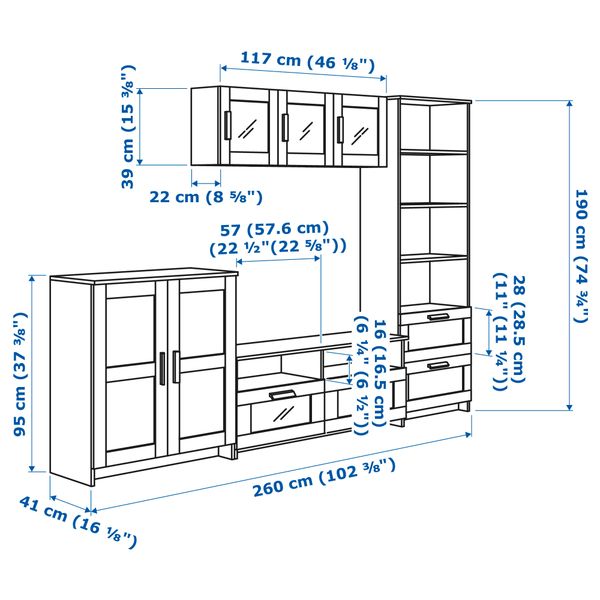 Шкаф для ТВ, комбинация БРИМНЭС, черный (260x41x190 см) - схема-чертеж с размерами