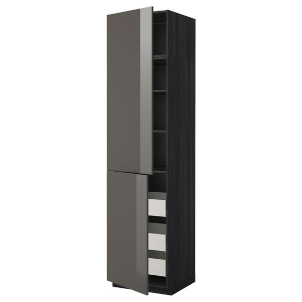 Высокий шкаф + полки, 3 ящика, 2 дверцы МЕТОД / МАКСИМЕРА, черный, Рингульт серый - фото 1