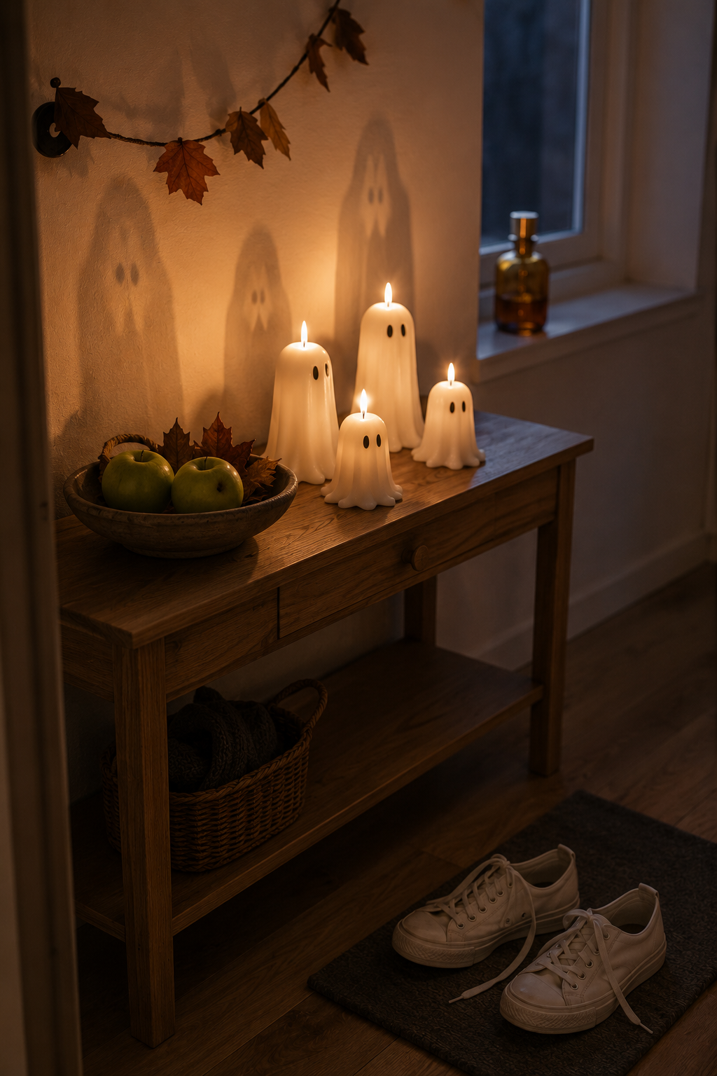 Свечи-призраки KUSTFYR и керамика на консоли — скандинавский Halloween