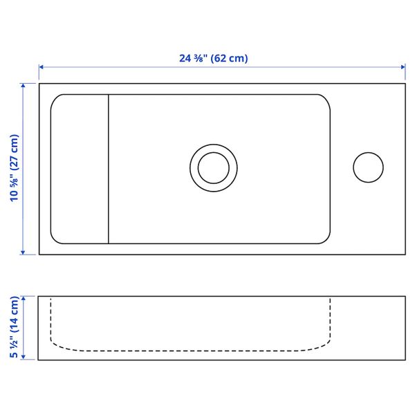 Одинарная раковина, белый 62x27x14 см IKEA LILLÅNGEN ЛИЛЛОНГЕН 303.690.39 - схема-чертеж с размерами