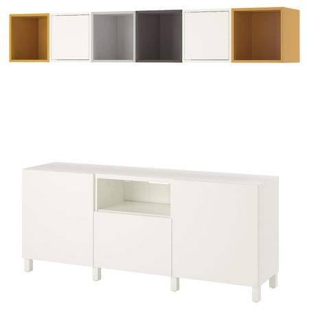 Комбинация для ТВ, белый светло-серый, темно-серый/золотисто-коричневый 210x40x220 см IKEA BESTÅ БЕСТО / EKET ЭКЕТ 994.397.23