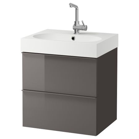 Шкаф для раковины с 2 ящиками ГОДМОРГОН / БРОВИКЕН, глянцевый серый (60x49x68 см)