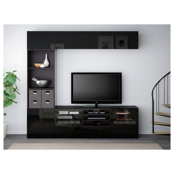 Шкаф для ТВ, комбинированный, стекляные дверцы БЕСТО, черно-коричневый, Сельсвикен глянцевый/черный прозрачное стекло - фото 2