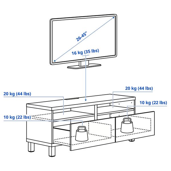 BESTÅ Тумба под ТВ, с ящиками - схема-чертеж с размерами