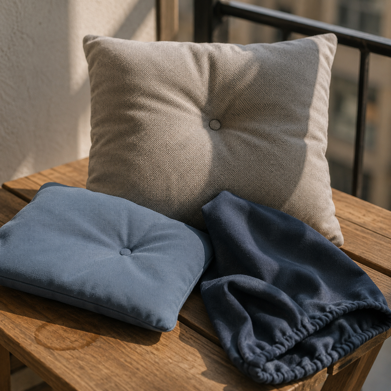 Подушки для садовой мебели IKEA: KUDDARNA серо-бежевая 44×44 см и KLÖSAN синяя 36×32 см крупным планом