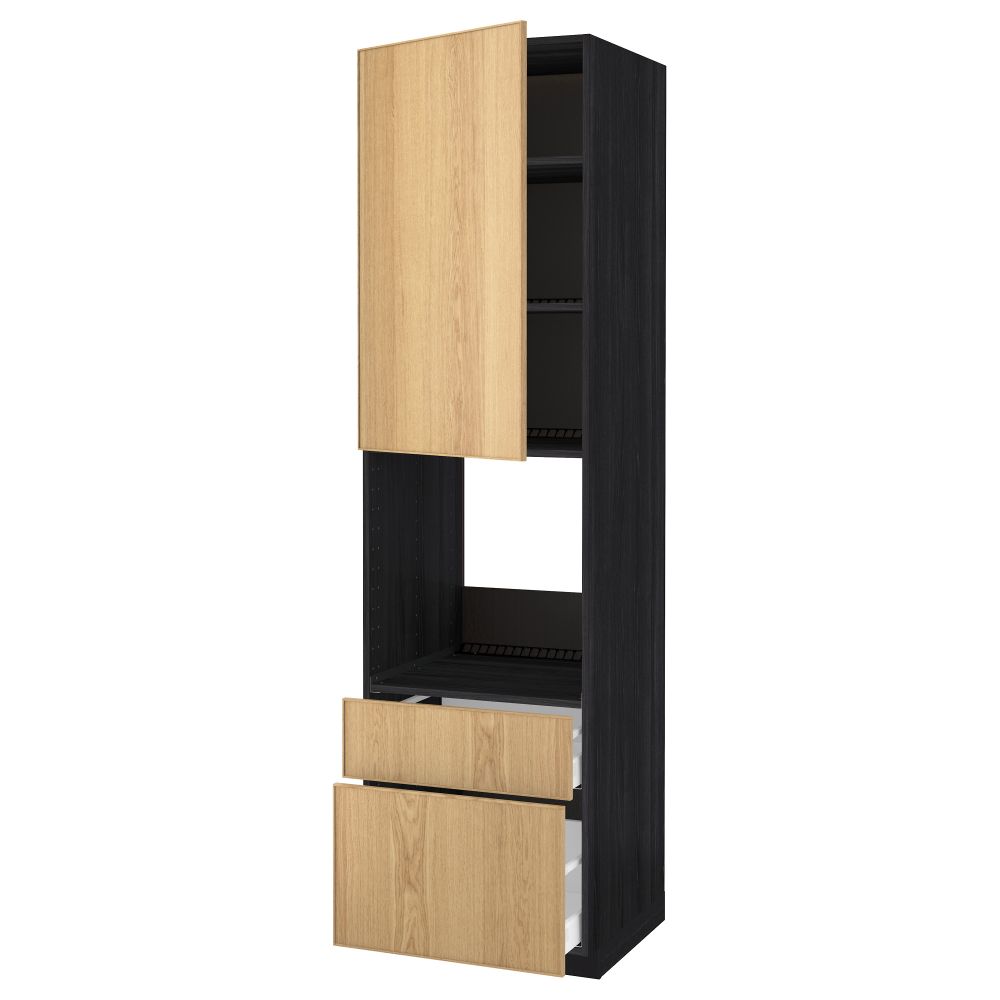 Высокий шкаф для духовки + дверь, 2 ящика МЕТОД / МАКСИМЕРА, черный, Экестад дуб - схема-чертеж с размерами