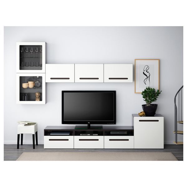 Шкаф для ТВ, комбинированный, стекляные дверцы БЕСТО, черно-коричневый, Марвикен белый прозрачное стекло (300x20/40x211 см) - фото 2