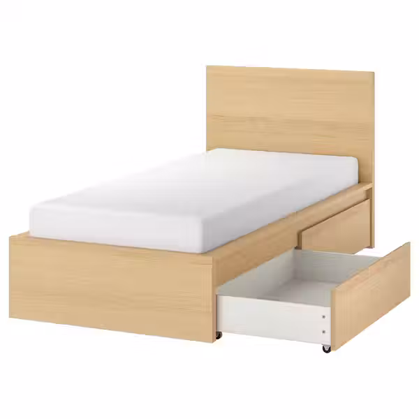 MALM Каркас кровати+2 кроватных ящика - дубовый шпон, беленый/Leirsund 90x200 см - фото 1