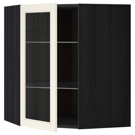 Угловой навесной шкаф с полками, стекляными дверцами МЕТОД, черный, Хитарп белый с оттенком