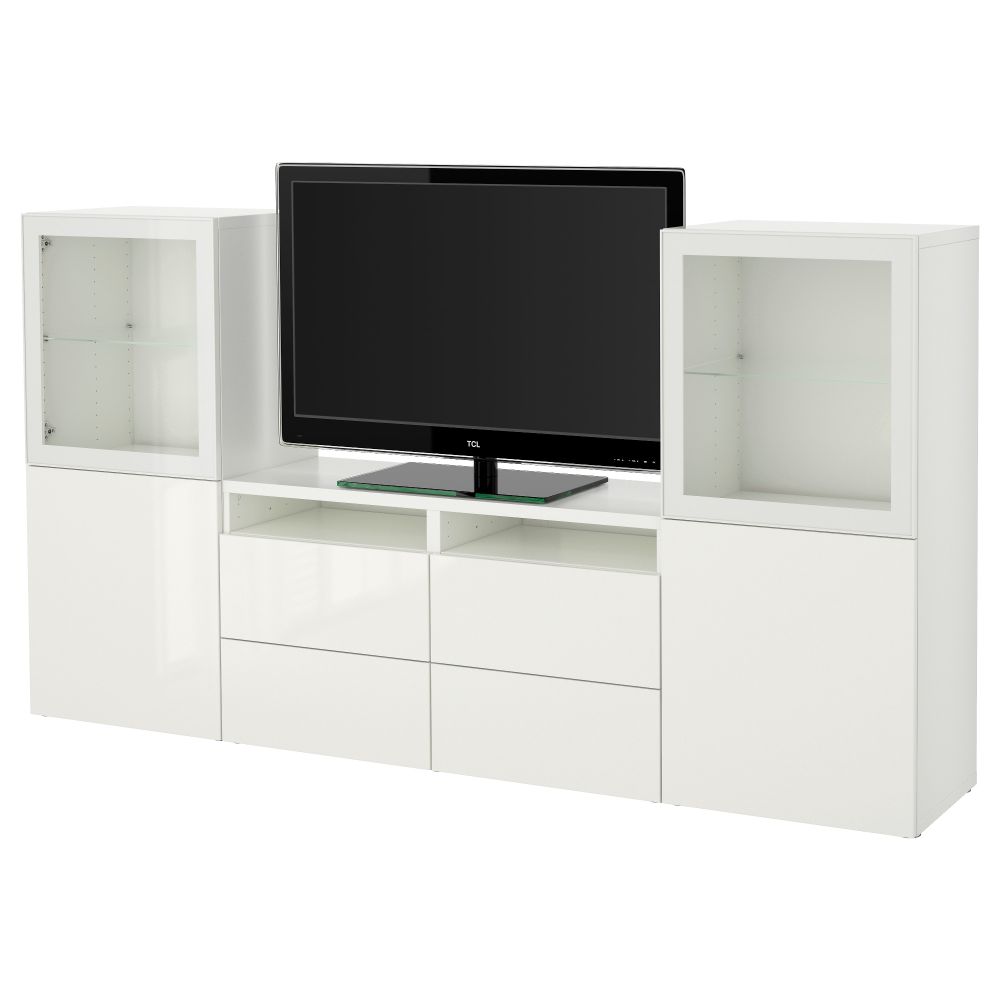 Шкаф для ТВ, комбинированный, стекляные дверцы БЕСТО, белый, Сельсвикен глянцевый/белый прозрачное стекло (240x40x128 см) - фото 1
