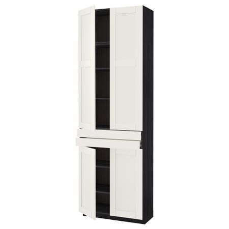 Высокий шкаф + полки, 2 ящика, 4 дверцы МЕТОД / ФОРВАРА, черный, Сэведаль белый (80x37x240 см)
