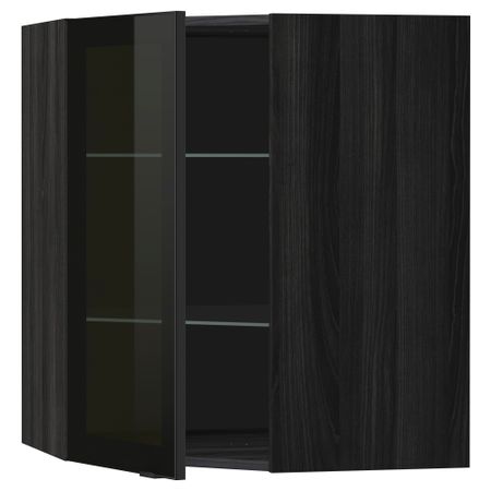 Угловой навесной шкаф с полками, стекляными дверцами МЕТОД, черный, Ютис дымчатое стекло