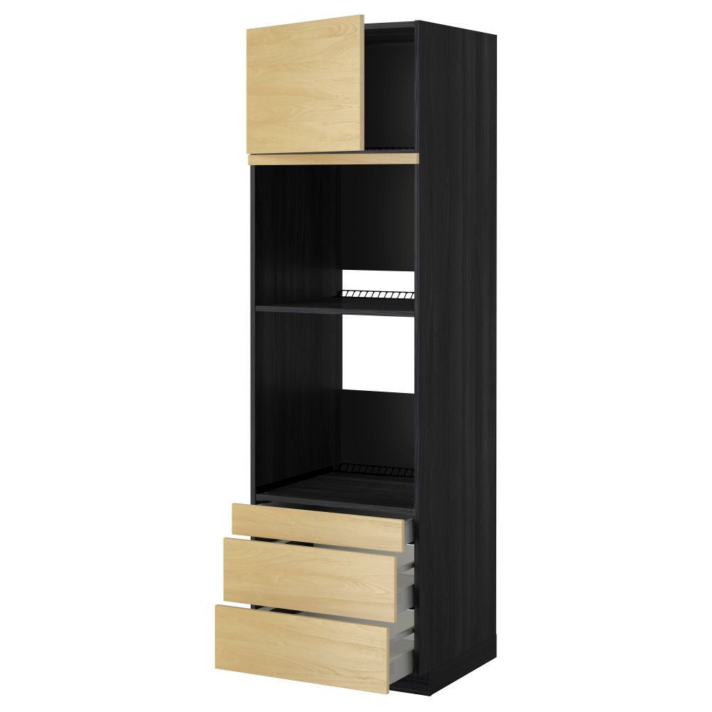 Высокий шкаф для духовки комбинированный, духовка + дверца, 3 ящика МЕТОД / МАКСИМЕРА, черный, Тингсрид береза - фото 1
