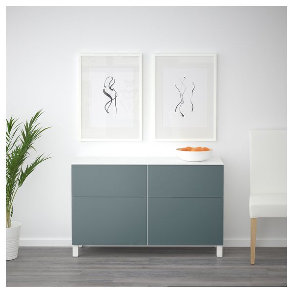 Комбинация для хранения с дверцами, ящиками БЕСТО, белый, Вальвикен серо-бирюзовый (120x42x74 см) - схема-чертеж с размерами