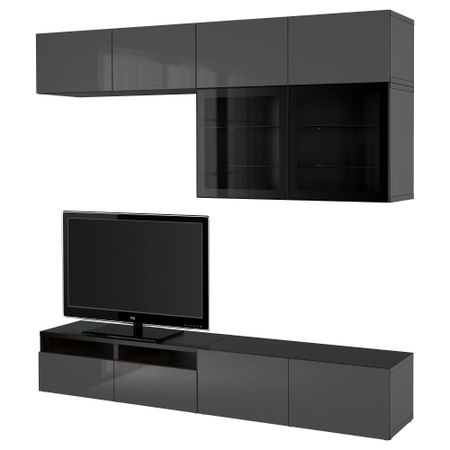 Шкаф для ТВ, комбинированный, стекляные дверцы БЕСТО, черно-коричневый, Сельсвикен глянцевый/серый прозрачное стекло (240x40x230