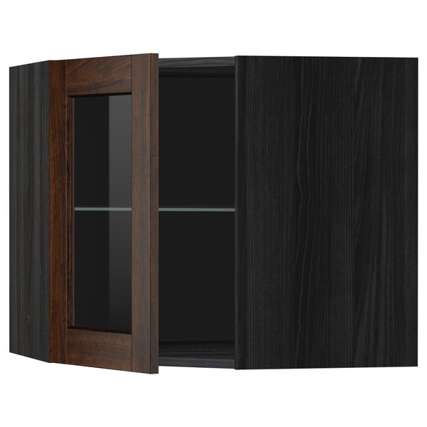Угловой навесной шкаф с полками, стекляными дверцами МЕТОД, черный, Эдсерум коричневый - схема-чертеж с размерами