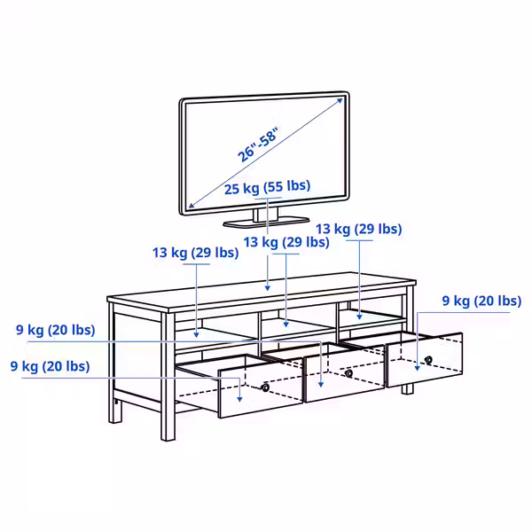 HEMNES Шкаф для ТВ, комбинация - схема-чертеж с размерами