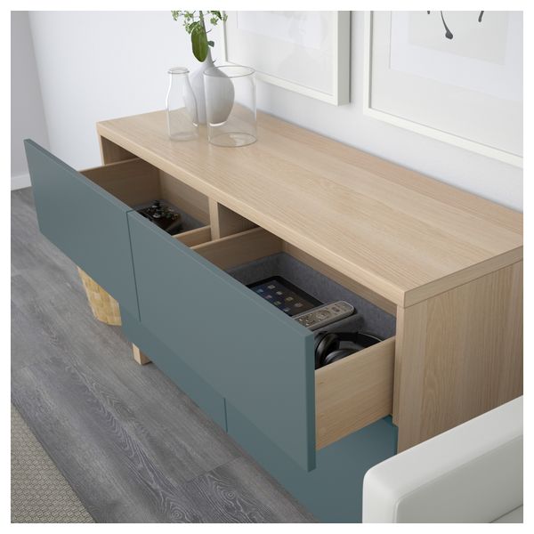 Комбинация для хранения с дверцами, ящиками БЕСТО, под беленый дуб, Вальвикен серо-бирюзовый (120x40x74 см) - схема-чертеж с размерами