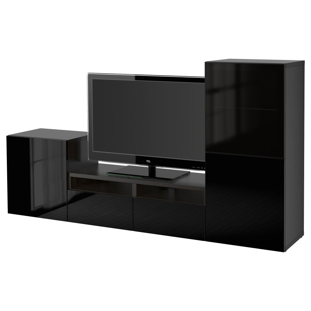 Шкаф для ТВ, комбинированный, стекляные дверцы БЕСТО, черно-коричневый, Сельсвикен глянцевый/черный дымчатое стекло (240x40x128 - фото 1