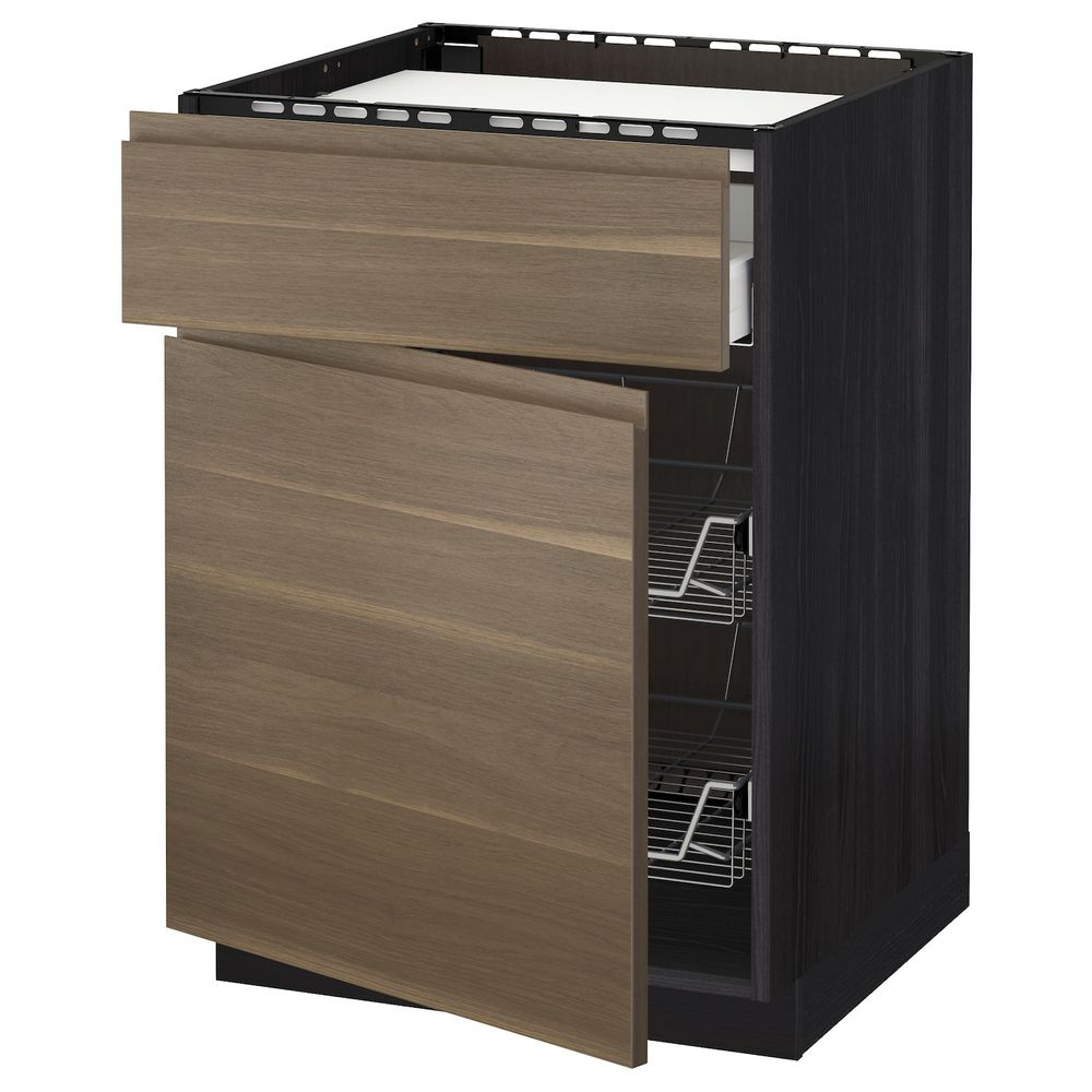 Напольный шкаф для варочной панели, ящик, 2 проволочных крзн, черный/Воксторп грецкий орех 60x60 см IKEA МЕТОД / МАКСИМЕРА - схема-чертеж с размерами