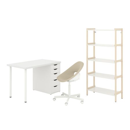 Стол и комбинация для хранения, и рабочий стул бежевый, белый IKEA LAGKAPTEN/ELDBERGET ЛАГКАПТЕН/ЭЛДБ / EKENABBEN ЭКЕНАББЕН