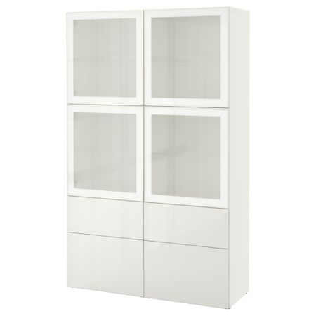 Комбинация для хранения со стеклянными дверцами БЕСТО, белый, Сельсвикен глянцевый/белый матовое стекло (120x40x192 см)