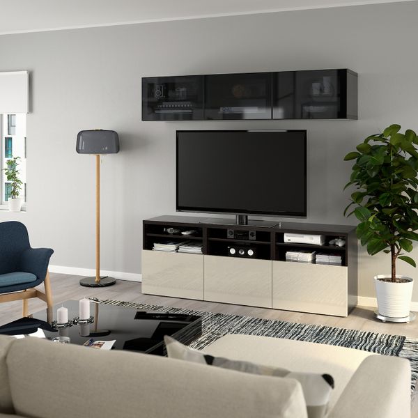 Шкаф для ТВ, комбинированный, стекляные дверцы, черно-коричневый/Сельсвикен глянцевый, бежевый, дымчатое стекло 180x42x192 см - фото 6