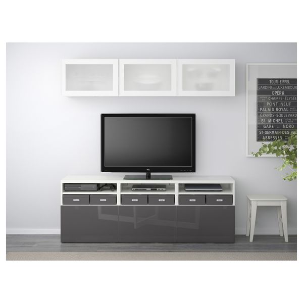 Шкаф для ТВ, комбинированный, стекляные дверцы БЕСТО, белый, Сельсвикен глянцевый/серый матовое стекло (180x40x192 см) - фото 2