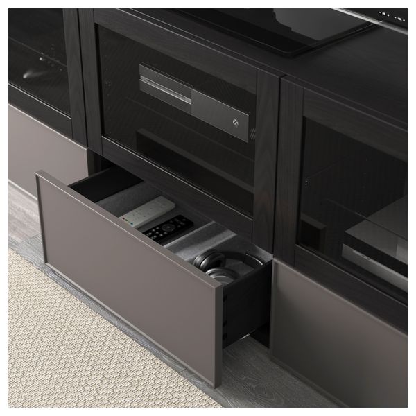 Тумба под ТВ, с дверцами и ящиками БЕСТО, черно-коричневый Грундсвикен, темно-серый прозрачное стекло (180x40x64 см) - фото 4