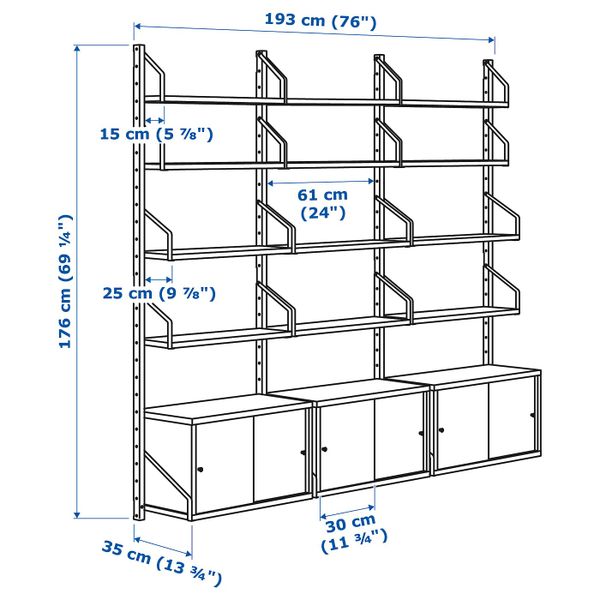 Комбинация для хранения, бамбук/белый 193x35x176 см IKEA SVALNÄS СВАЛЬНЭС 392.051.14 - схема-чертеж с размерами