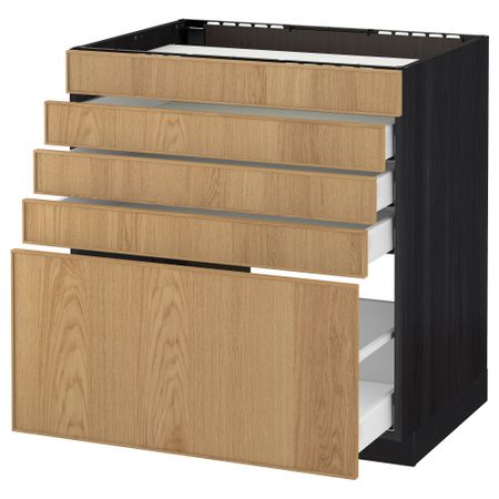 Напольный шкаф для варочной панели, 5 фасадов, 4 ящиков МЕТОД / МАКСИМЕРА, черный, Экестад дуб