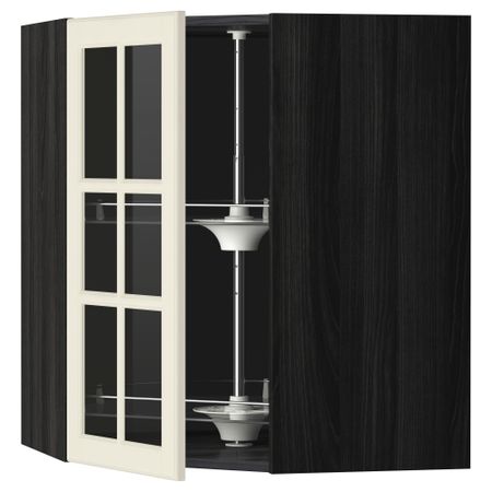 Угловой навесной шкаф с вращающающейся секцией, стеклянными дверцами МЕТОД, черный, Будбин белый с оттенком
