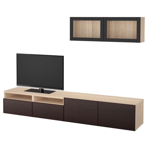 Шкаф для ТВ, комбинированный, стекляные дверцы БЕСТО, под беленый дуб Синдвик, Инвикен черно-коричневый прозрачное стекло - фото 1