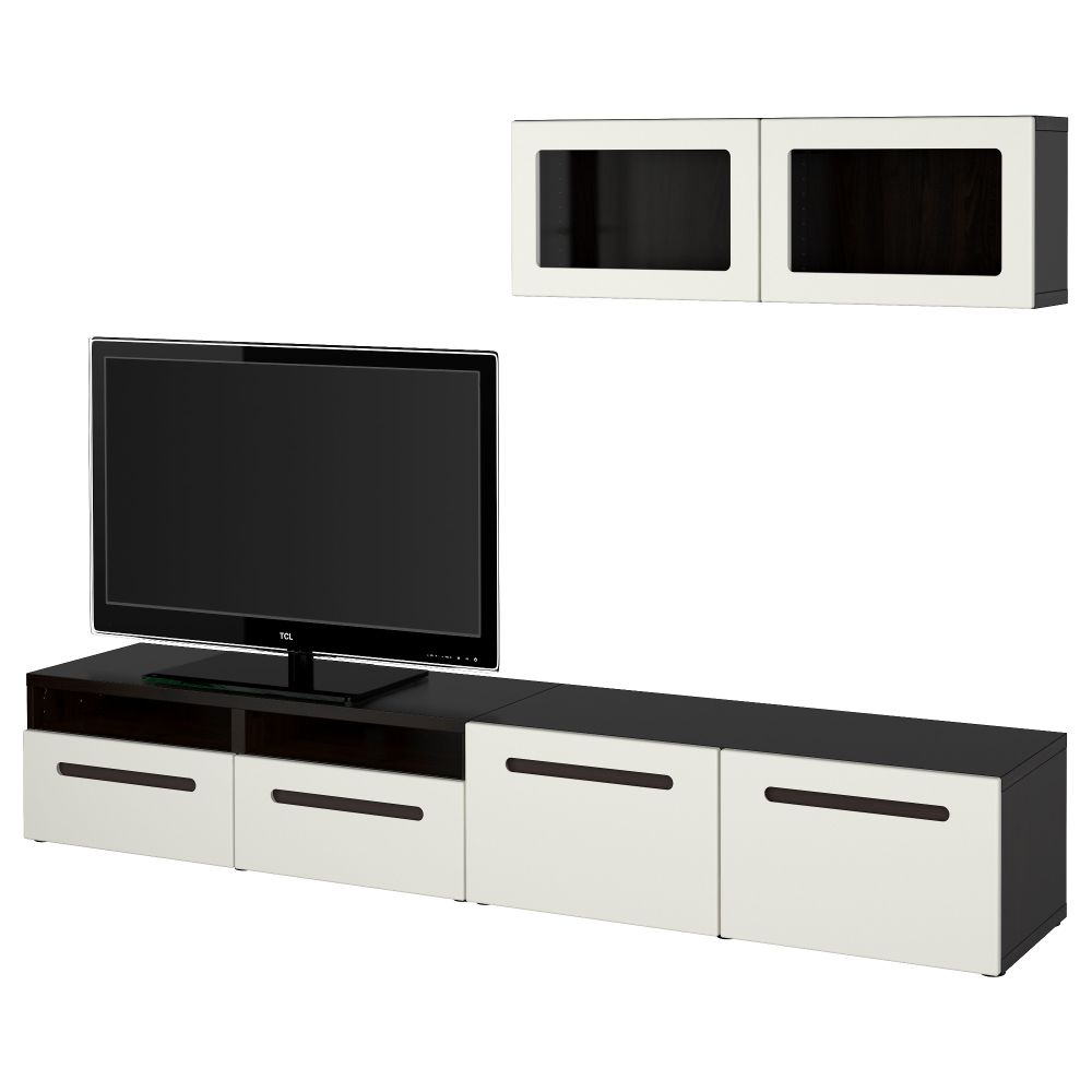 Шкаф для ТВ, комбинированный, стекляные дверцы БЕСТО, черно-коричневый, Марвикен белый прозрачное стекло (240x20/40x166 см) - фото 1