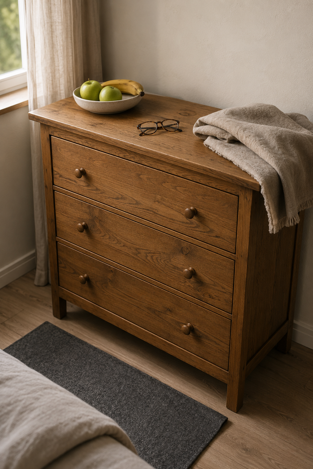 Комод HEMNES из натурального дуба со льняным текстилем NIPPRIG и фруктами — текстуры природы в современном скандинавском интерьере