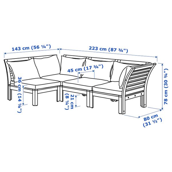 Модульный угловой 3-местный диван, садовый, коричневая морилка/Холло бежевый 143/223x80x78 см IKEA ЭПЛАРО 992.288.48 - схема-чертеж с размерами