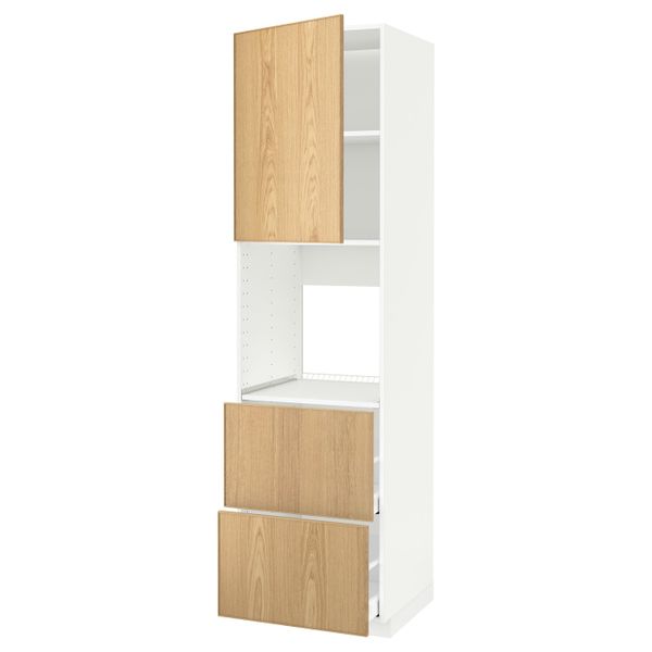 Высокий шкаф для духовки + дверца, 2 форнтальных, 2 высоких ящ, белый/Экестад дуб 60x60x220 см IKEA METOD МЕТОД / MAXIMERA - схема-чертеж с размерами